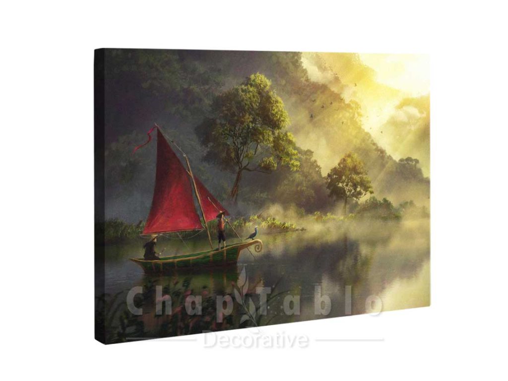 تابلو-بوم-نقاشی-رنگ-روغن-طرح-رودخانه،-قایق-و-جنگل
