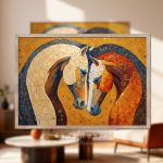 تابلو چاپی هنری دو اسب با طراحی مدرن روی کاغذ سیلک در فریم چوبی بدون شیشه