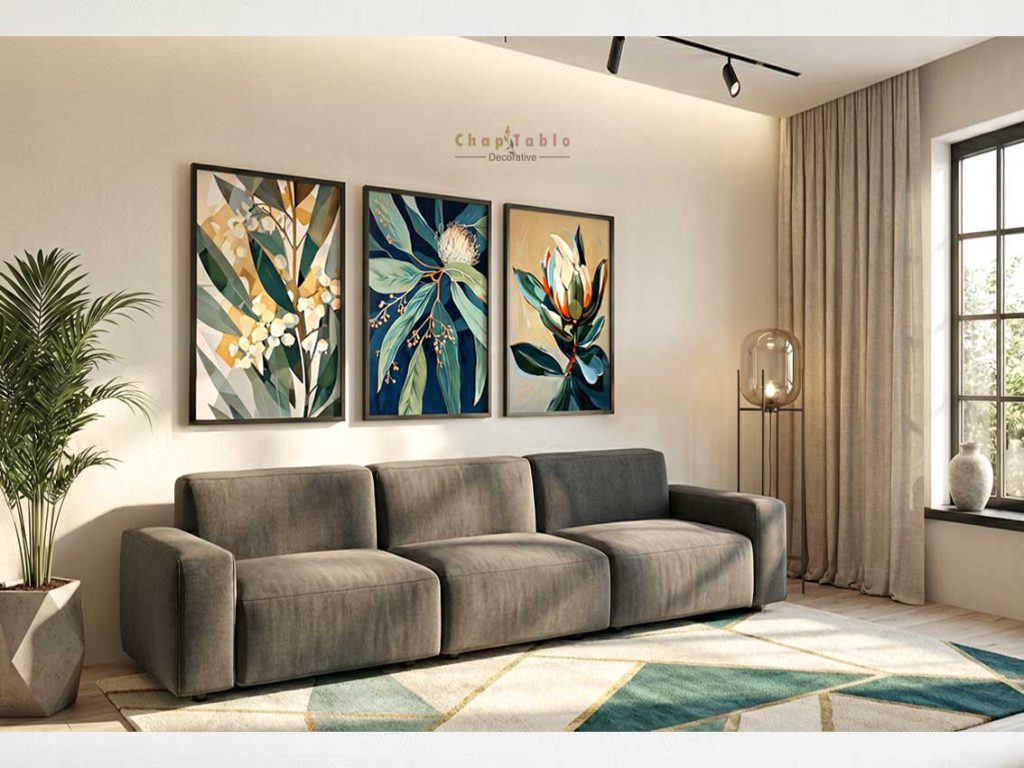 ست تابلو سه‌تکه طرح برگ و گل در رنگ‌های سبز و طلایی با چاپ سیلک در فریم چوبی – چاپ تابلو