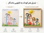 کودک 4 ساله در اتاق خود در حال نگاه کردن به تابلوی تبدیل شده از نقاشی خودش با قاب سفید ساده