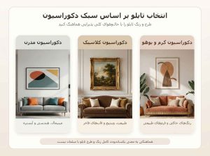 مقایسه تابلو مناسب دکوراسیون مدرن، کلاسیک و بوهو در پذیرایی